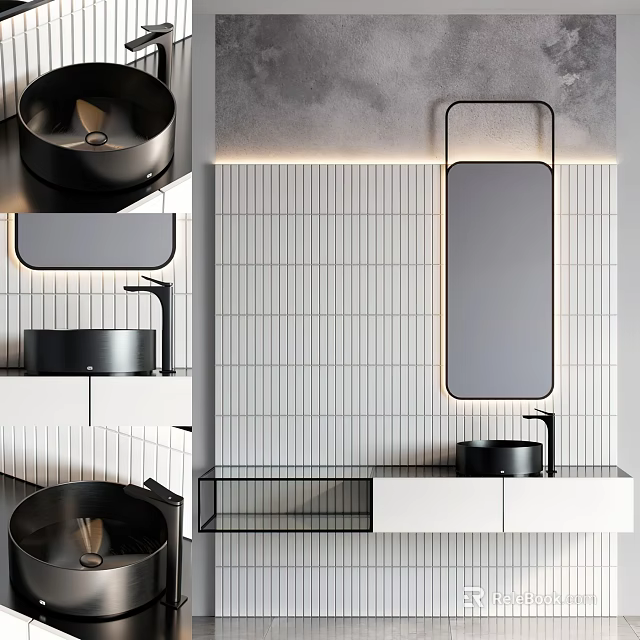Modern Black Washbasin With Rectangular Mirror Vertical Tile Wall And Floating Vanity Cabinet 3d model 