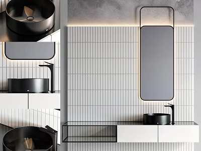 Modern Black Washbasin With Rectangular Mirror Vertical Tile Wall And Floating Vanity Cabinet 3d model