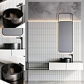 Modern Black Washbasin With Rectangular Mirror Vertical Tile Wall And Floating Vanity Cabinet 3d model