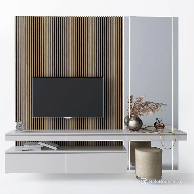 Modern TV Background Wall Featuring Wooden Vertical Stripes Mounted TV And White Stand 3d model 