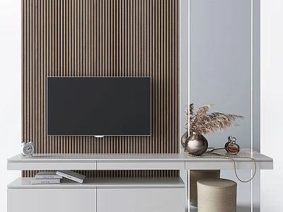 Modern TV Background Wall Featuring Wooden Vertical Stripes Mounted TV And White Stand 3d model