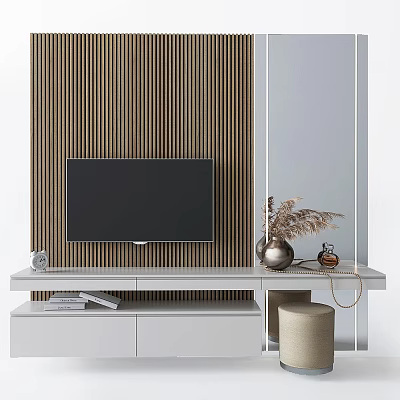 Modern TV Background Wall Featuring Wooden Vertical Stripes Mounted TV And White Stand 3d model
