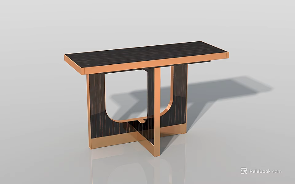 Modern Console Table With Black Wooden Top And Gold Metal Geometric Support Frame 3d model 