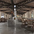 Rustic Restaurant Interior With Wooden Ceiling Tables Chairs Stone Wall And Open Bar Counter