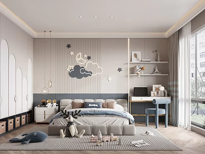 Modern Kids Room Interior With Star Cloud Decor Bed Desk Shelves And Toys 3d model
