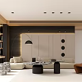 Modern Open Concept Dining Living Room Interior With Cabinets Dining Table And Lighting 3d model