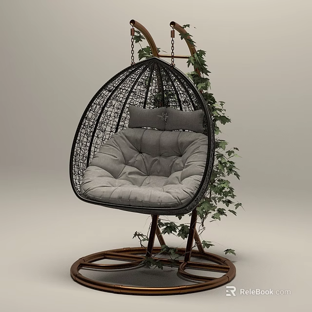Stylish Rattan Hanging Chair With Gray Padded Cushion Wooden Stand And Green Vines 3d model 