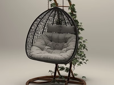 Stylish Rattan Hanging Chair With Gray Padded Cushion Wooden Stand And Green Vines 3d model