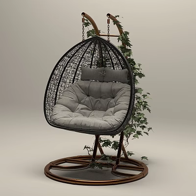 Stylish Rattan Hanging Chair With Gray Padded Cushion Wooden Stand And Green Vines 3d model