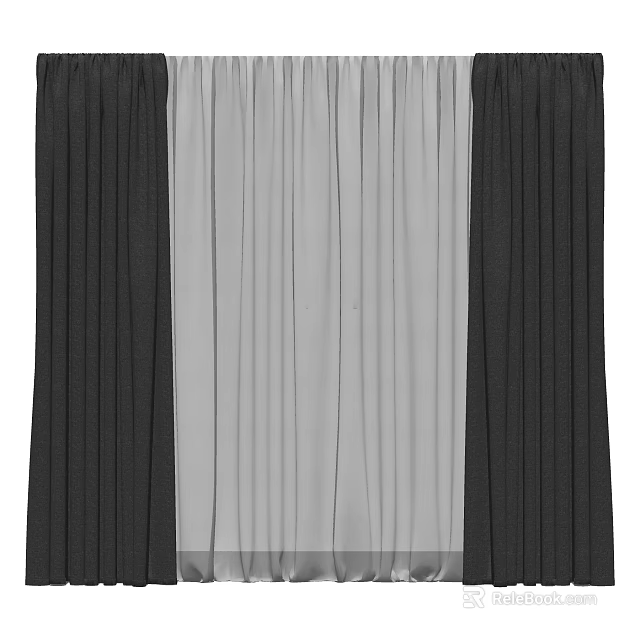 Layered Window Curtains With Black Solid Panels And Sheer Light Gray Middle Layer 3d model 