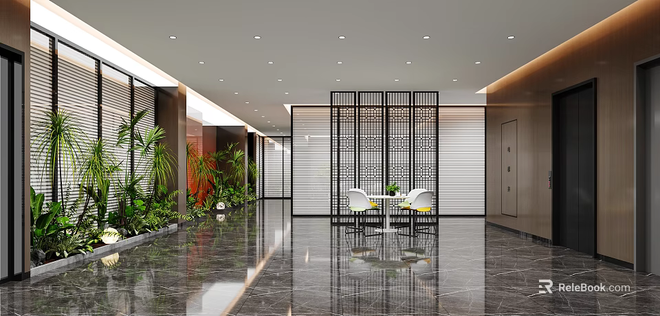 Modern Elegant Office Corridor Interior With Marble Flooring Green Plants And Lattice Partition 3d model 