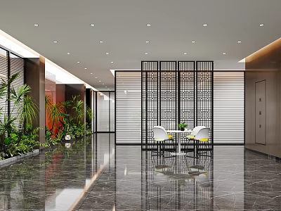Modern Elegant Office Corridor Interior With Marble Flooring Green Plants And Lattice Partition 3d model