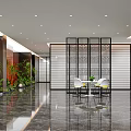 Modern Elegant Office Corridor Interior With Marble Flooring Green Plants And Lattice Partition