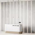 Modern Reception Area With White Marble Desk And Minimalist Pendant Lights On Striped Wall