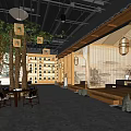 Traditional Tea House Interior With Wooden Structures Lanterns Bookshelves And Tables