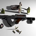 Military Assault Rifle With Grenades Bullets Magazine Pan And Molotov Cocktail