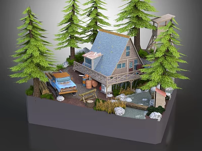 Cartoon Forest Diorama With Wooden Cabin Pine Trees Blue Truck Stream And Watchtower 3d model