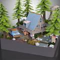 Cartoon Forest Diorama With Wooden Cabin Pine Trees Blue Truck Stream And Watchtower