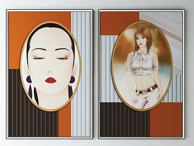 Two Decorative Paintings Featuring Oval Female Portraits With Geometric Orange Black White Backgrounds 3d model