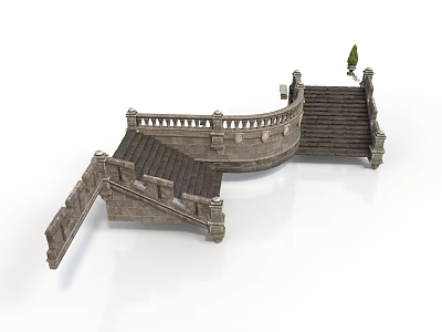 Stone Bridge Components Featuring Carved Railings Stairs Arched Body And Small Plant 3d model