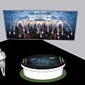 Circular Display Shelf With Interactive Console Background Screen Showing City Night View And Network Patterns