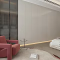 Elegant Modern Bedroom Interior With Beige Bed Bedhead Wall Dressing Table Red Armchair Herringbone Floor