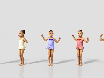 Girls Wearing Multi Colored Swimsuits Standing in a Row Holding Rope on Reflective Floor 3d model