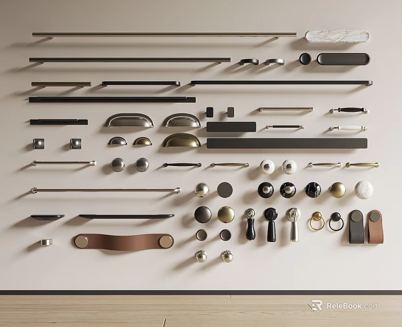 Various Home Cabinet And Door Handles Featuring Different Designs And Materials On 3d model