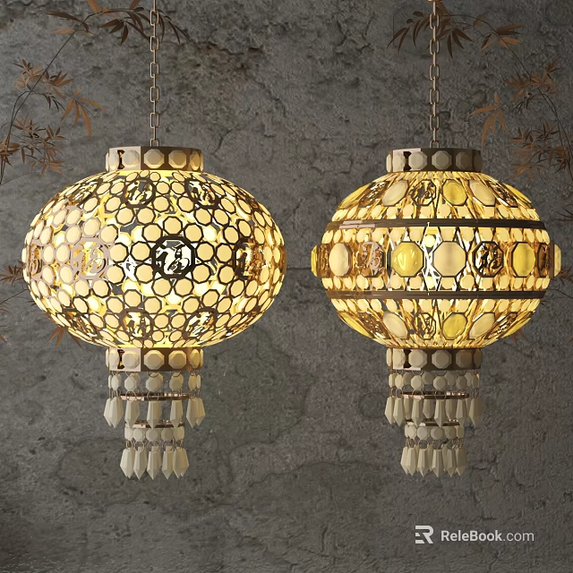 Two Decorative Lanterns with Mosaic Pattern Golden Glass Hanging Tassels and Gray Wall 3d model 