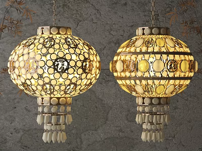 Two Decorative Lanterns with Mosaic Pattern Golden Glass Hanging Tassels and Gray Wall 3d model