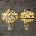 Two Decorative Lanterns with Mosaic Pattern Golden Glass Hanging Tassels and Gray Wall