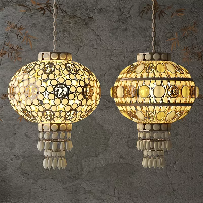 Two Decorative Lanterns with Mosaic Pattern Golden Glass Hanging Tassels and Gray Wall 3d model