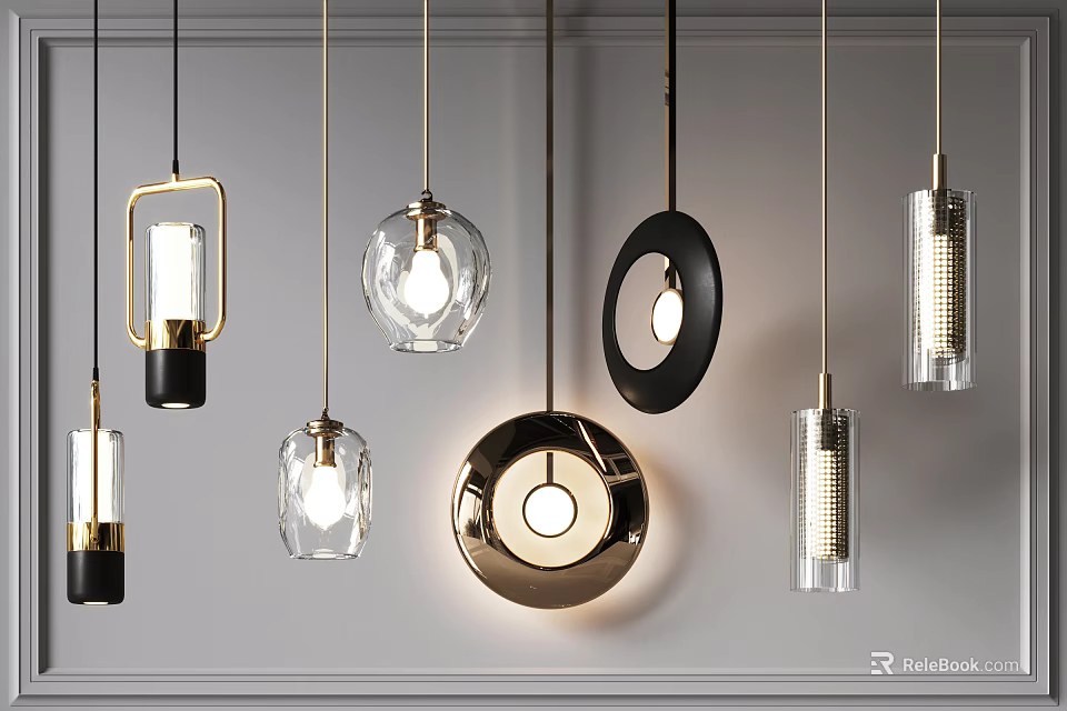 Stylish Modern Pendant Lights Featuring Various Glass And Metal Design Shapes 3d model 