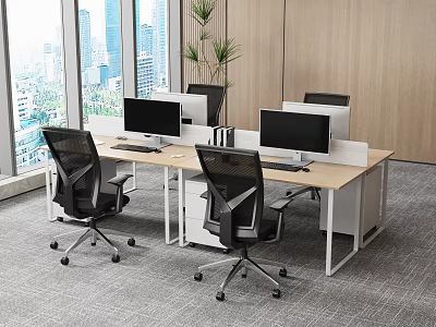 Modern Office Desk Setup With Multiple Monitors Ergonomic Chairs Green Plant And City View 3d model