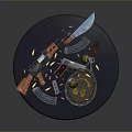 Military Weapons Collection Featuring Rifle With Wooden Grip Knife Bullets Grenades And Magazine