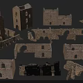 Ancient Historic Ruin Scene Components With Stone Tower Arch And Wall Elements
