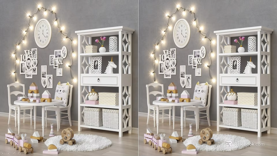 Stylish Decorative Ornament Set With White Shelf Photo Frames And String Lights In Kids Room 3d model 