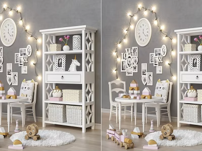 Stylish Decorative Ornament Set With White Shelf Photo Frames And String Lights In Kids Room 3d model