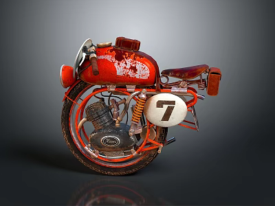 Vintage Red Motorcycle With Rusty Body Number 7 Brown Leather Seat And Exposed Engine 3d model