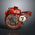 Vintage Red Motorcycle With Rusty Body Number 7 Brown Leather Seat And Exposed Engine
