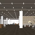 Modern Office Reception Desk in Spacious Open Area with Wooden Ceiling Linear Lights and Sofa
