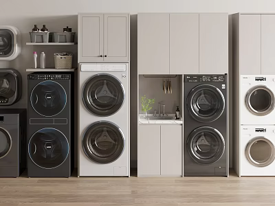 Modern Bathroom Cabinet Rack With Washing Machine Dryer And Sleek Storage Cabinets 3d model