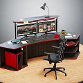 Curved Office Desk With Dual Monitors Desk Lamp Ergonomic Chair And Storage Shelves
