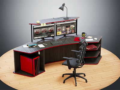 Curved Office Desk With Dual Monitors Desk Lamp Ergonomic Chair And Storage Shelves 3d model