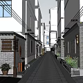Traditional Modern Commercial Street With Two Row Buildings Red Lanterns Stone Pathway And Pedestrians