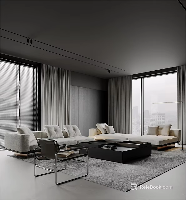 Sleek Modern Minimalist Living Room With Large Panoramic City View Windows And Comfortable Fabric Sofas 3d model 