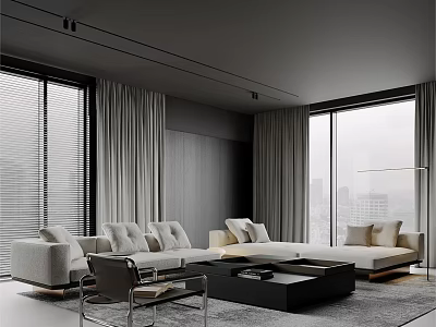 Sleek Modern Minimalist Living Room With Large Panoramic City View Windows And Comfortable Fabric Sofas 3d model