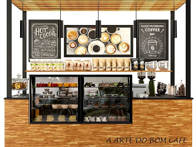 Modern Cafe Interior With Counter Chalkboard Menu Boards Drinks Display And Hanging Lights 3d model