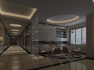 Elegant Modern Lounge Area With Chandelier Seating Circular Rug Glass Partitions And Large Windows 3d model