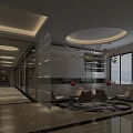 Elegant Modern Lounge Area With Chandelier Seating Circular Rug Glass Partitions And Large Windows